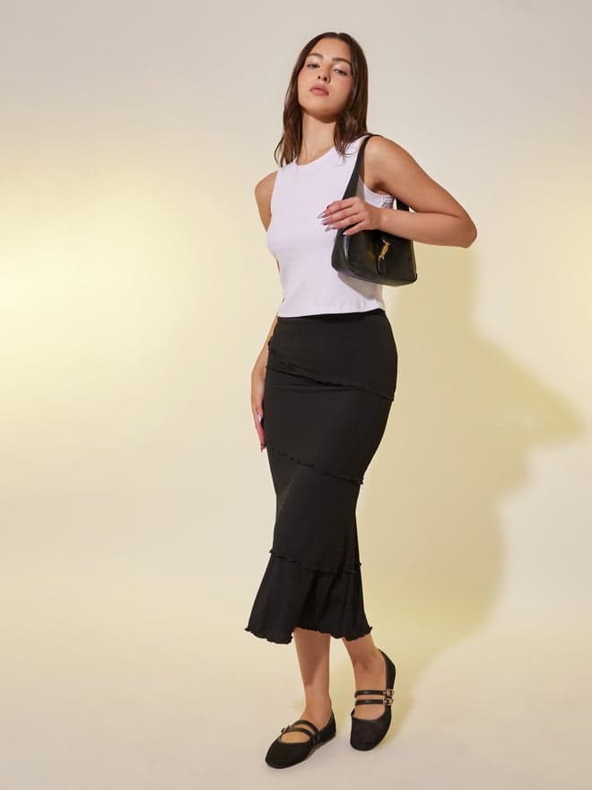 Solid Ruffle Trim Mermaid Midi Skirt - Image 1