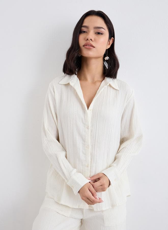 Styli Women Off White Textured Oversized Shirt - Image 1