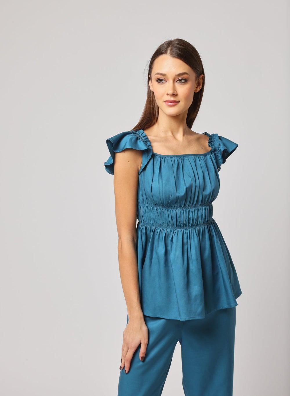 Smocked Waist Ruffle Sleeve Linen-Blend Peplum Top - Image 1