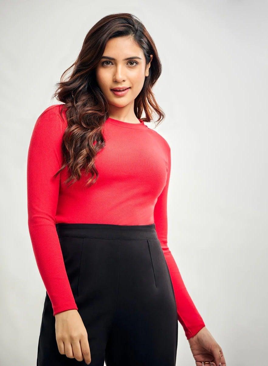 Long Sleeve Ribbed Round Neck Top in Red - Image 1