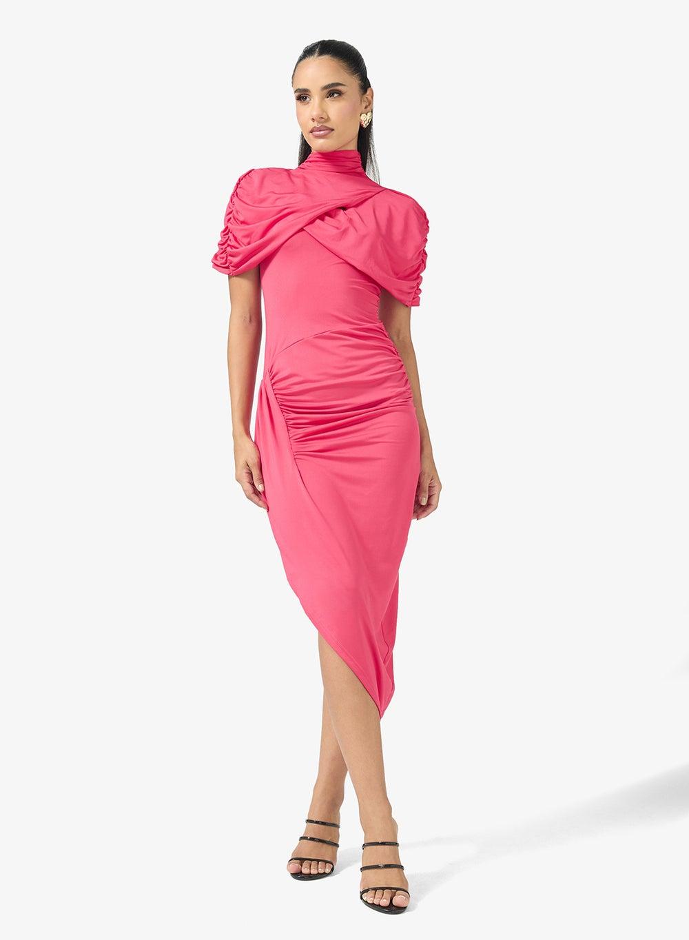 Mock Neck Draped Bodycon Midi Dress - Image 1