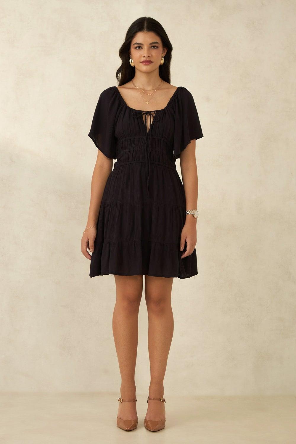 Tiered Black Mini Dress with Ruched Bodice - Image 1