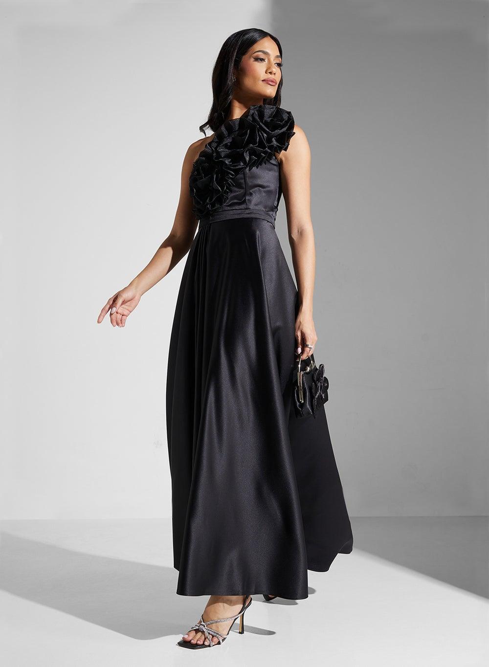 One Shoulder Ruffle Detail A-Line Maxi Dress - Image 1