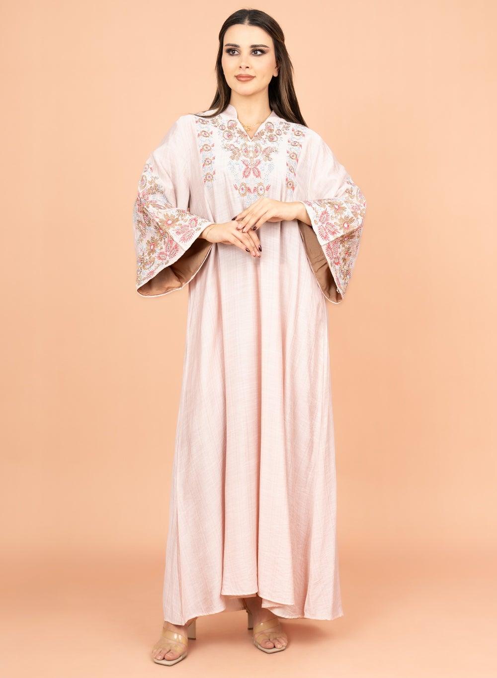 Peach Crystal-Embellished Embroidered Jalabiya IK4002 - Image 1