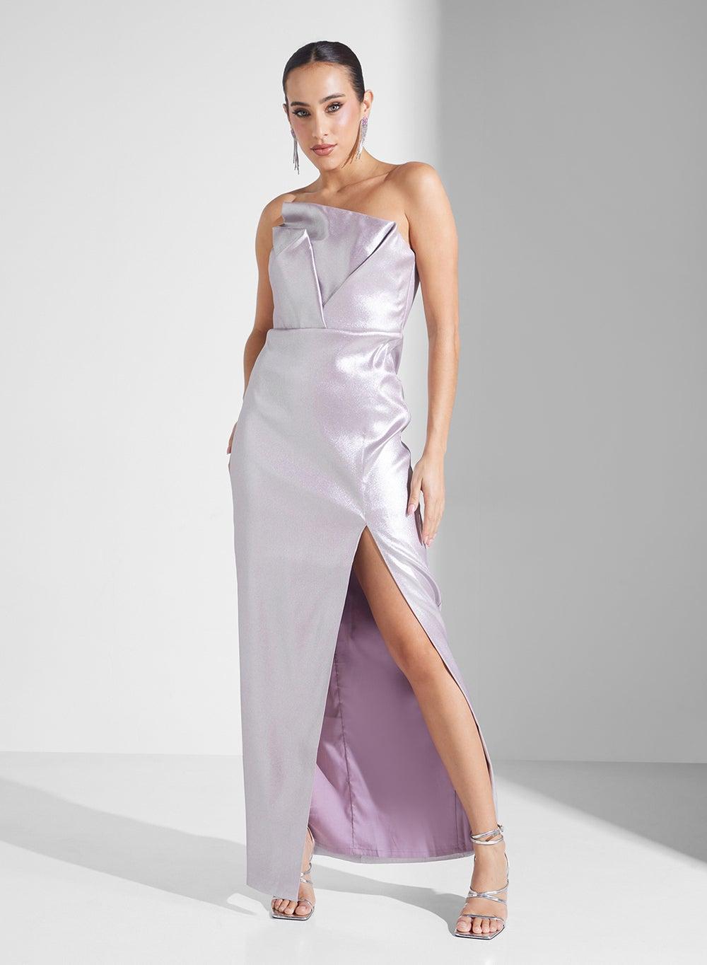 Lilac Metallic Column Dress with Strapless Neckline - Image 1