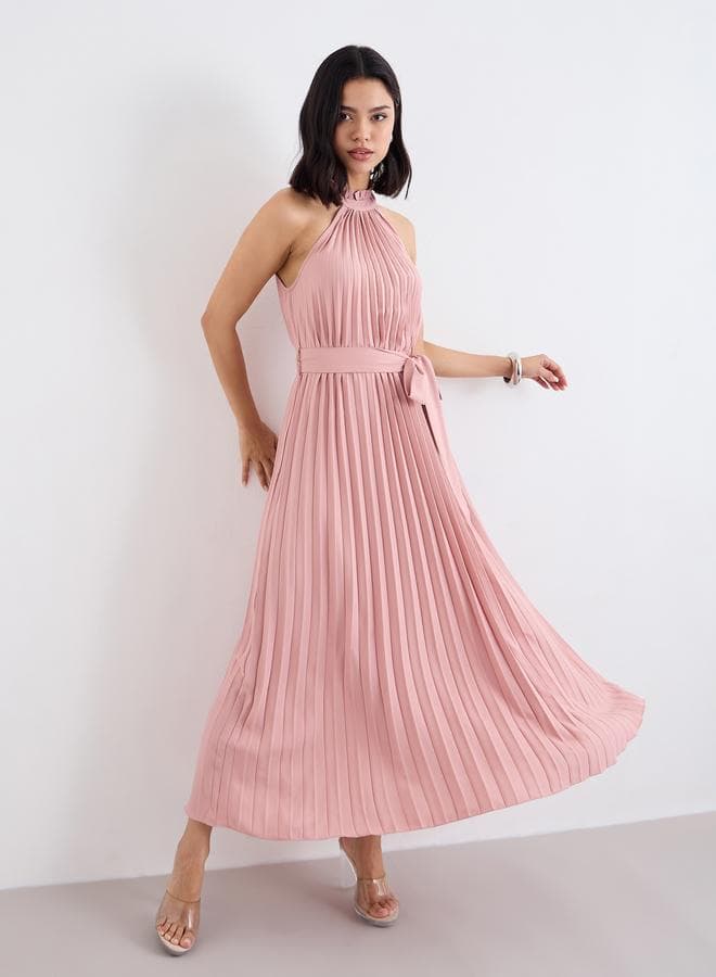 Pleated Halter Neck A-Line Maxi Dress - Image 1
