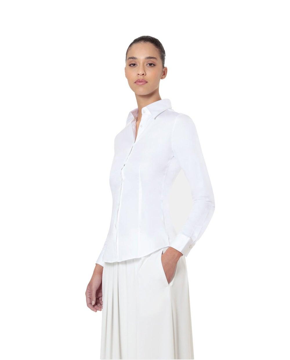 Long Slim Fit Sateen Stretch Shirt for Women - Image 1