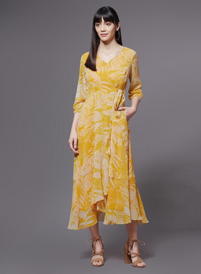 Miss Chase Leaf Print Asymmetric Hem Midi Dress - Image 1