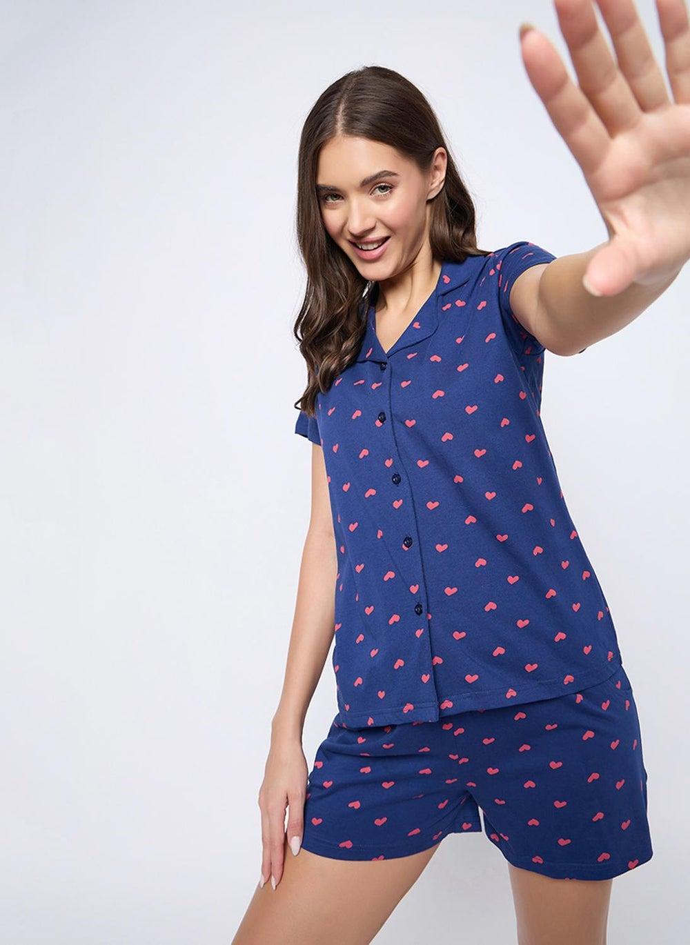 Clovia Heart Print Cotton Shirt & Shorts Set, Dark Blue - Image 1