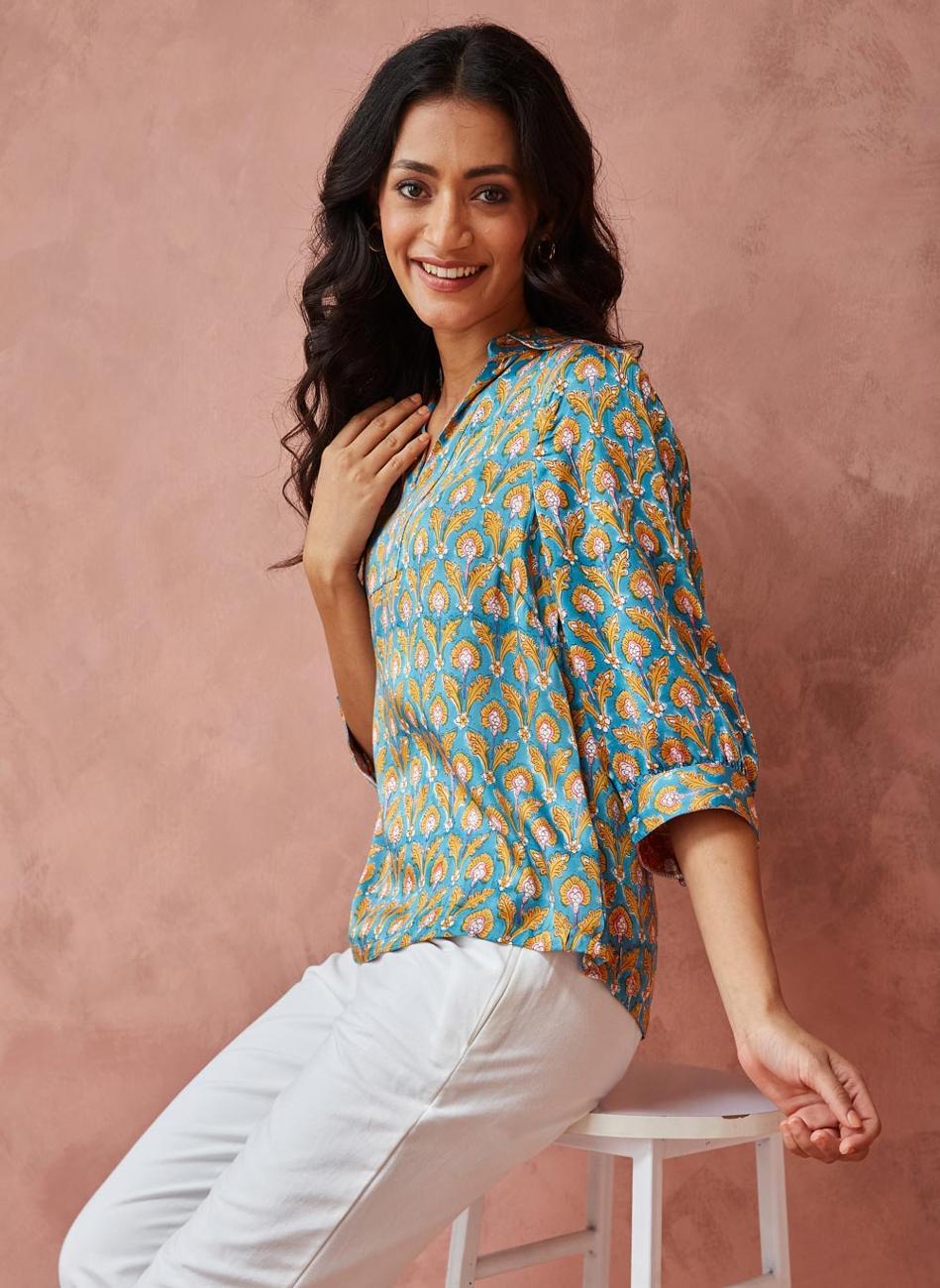 Teal Rayon Blend Hand Block Printed Kurta Top - Image 1