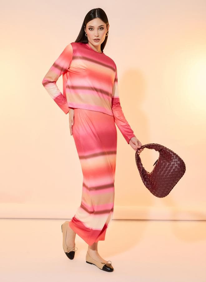 Ombre Print Round Neck Top & Maxi Skirt Set - Image 1