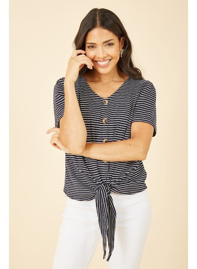 Navy Striped Jersey Button Detail Top - Image 1