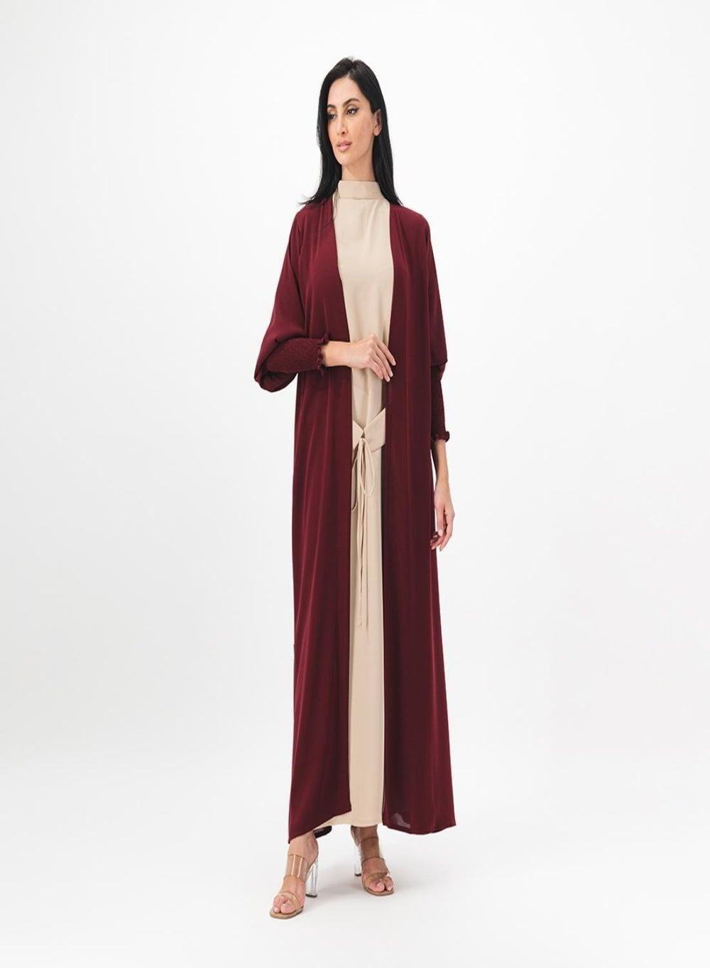 Ruched Sleeve Front Open Abaya with Belted Inner - Image 1