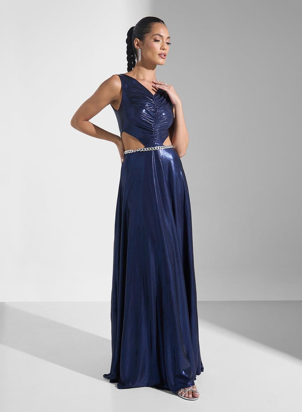 Cutout Evening Dress with Ruched Bodice and Chain Belt - Image 1