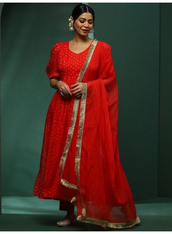 Red Printed Kurta, Trousers & Dupatta Set - Image 1