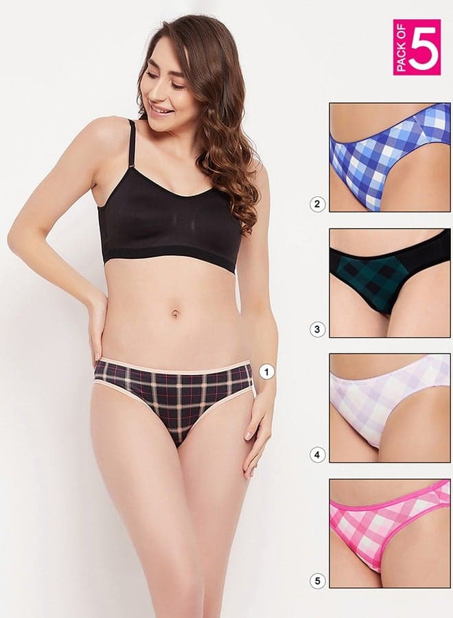 Clovia Pack of 5 Low Waist Checkered Bikini Panty - Image 1