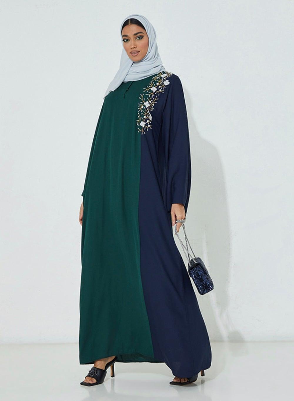 Two-Tone Abaya with Hand Floral Embroidery - Image 1