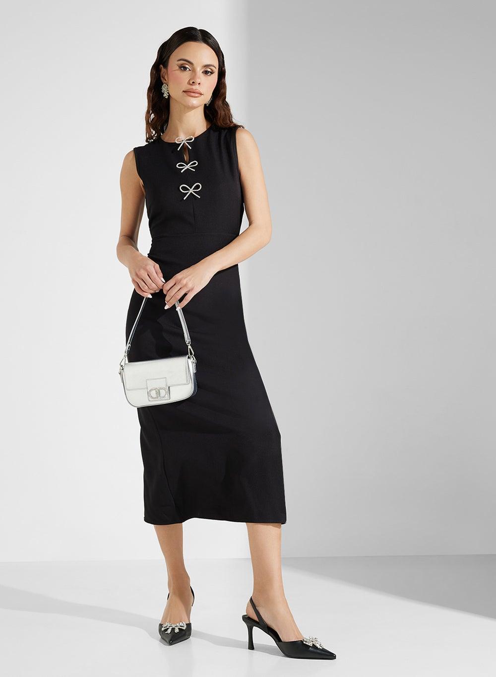 Black Bow Detail Midi Dress - Image 1