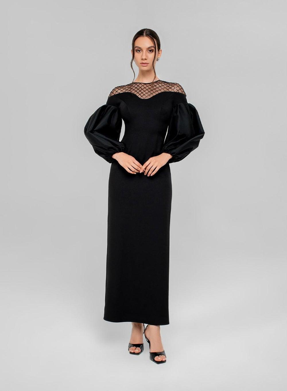 Haneen Evening Dress with Pleated Taffeta Sleeves - Image 1