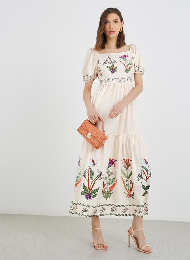 Floral Print Puff Sleeve Square Neck Midi Dress - Image 1