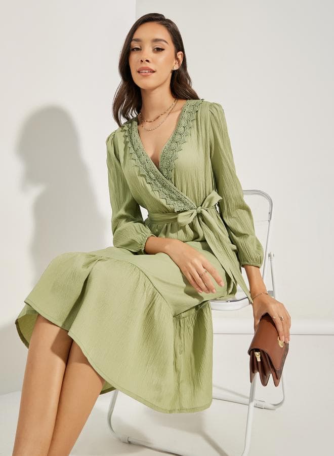 Lace Insert Wrap Front A-Line Midi Dress - Image 1