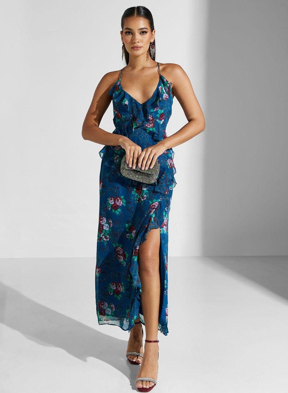 Blue Floral Print Dress with Ruffle Trim - Image 1