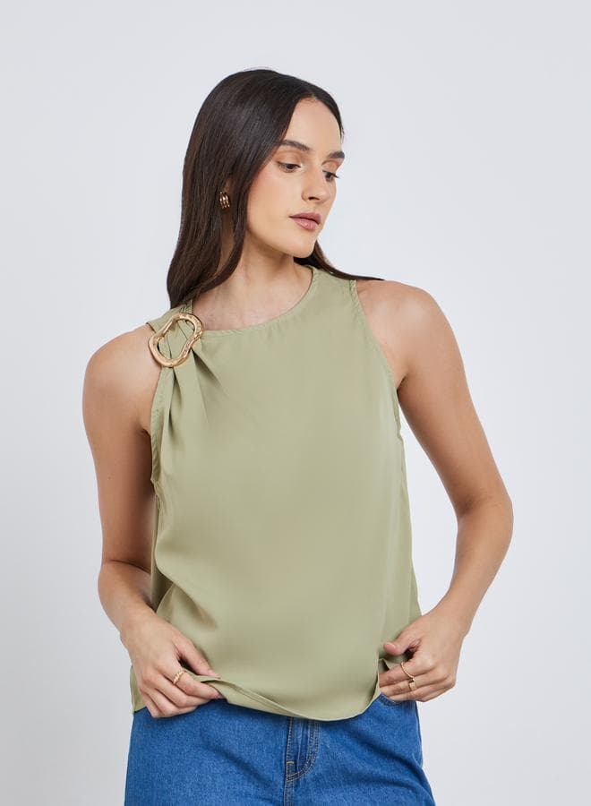 Green Sleeveless Blouse with Buckle Detail - Image 1