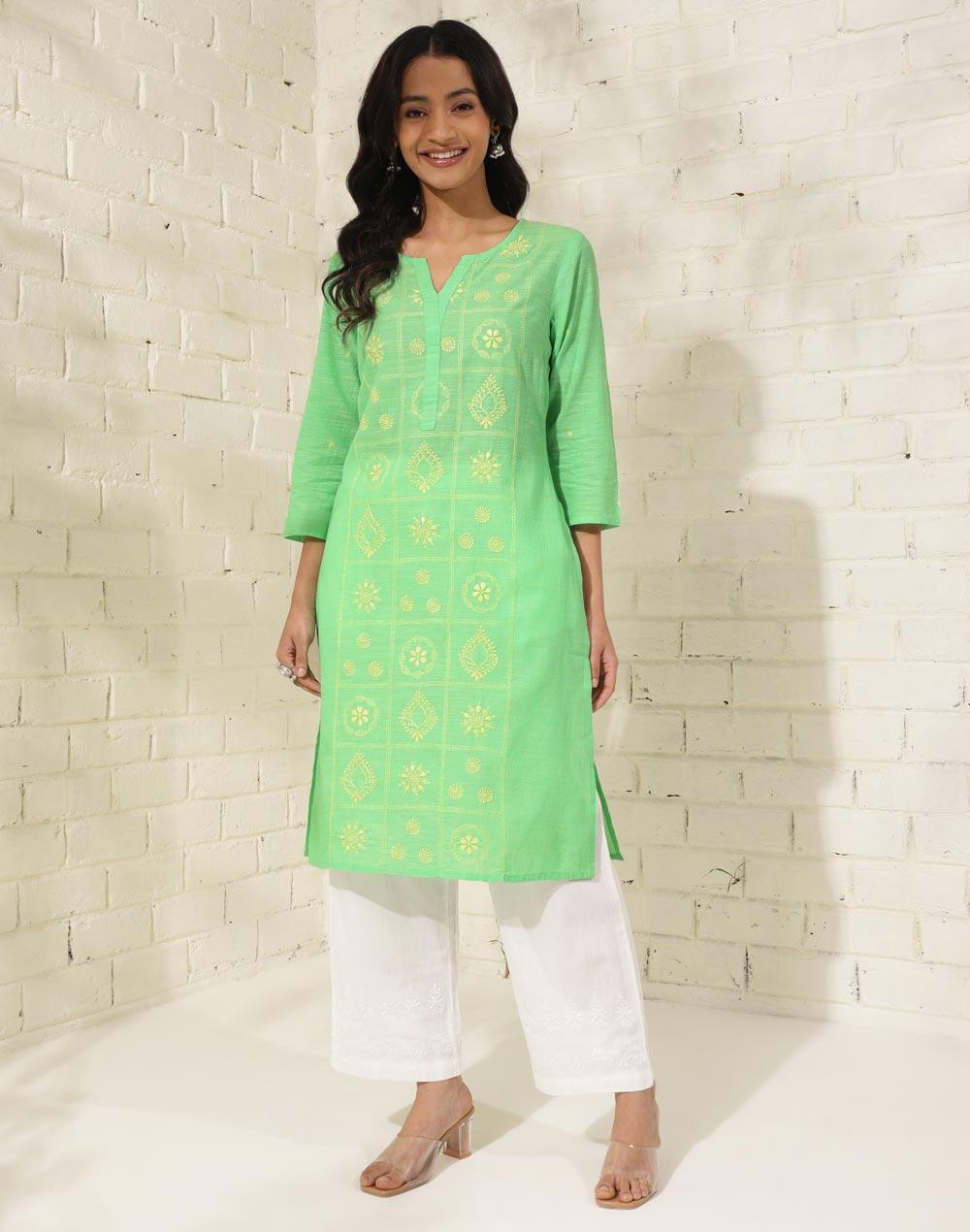 Green Cotton Chikankari Knee Length Kurta - Image 1