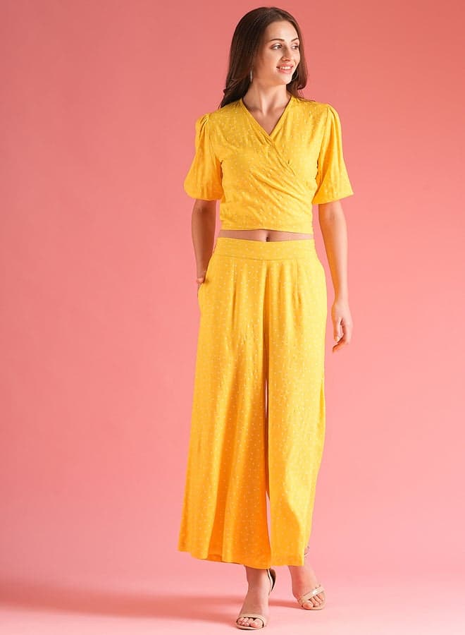 Yellow Polka Dot Wrap Tie Back Top and Palazzos Set - Image 1
