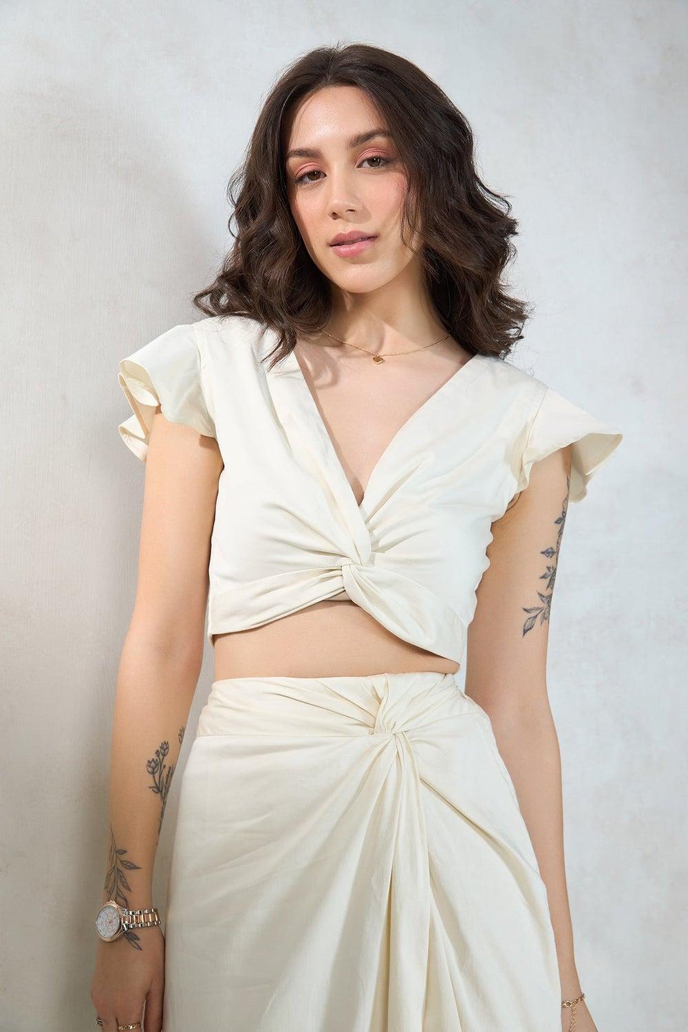 VIRGIO Cotton Stretch Front Knot Beige Crop Top - Image 1