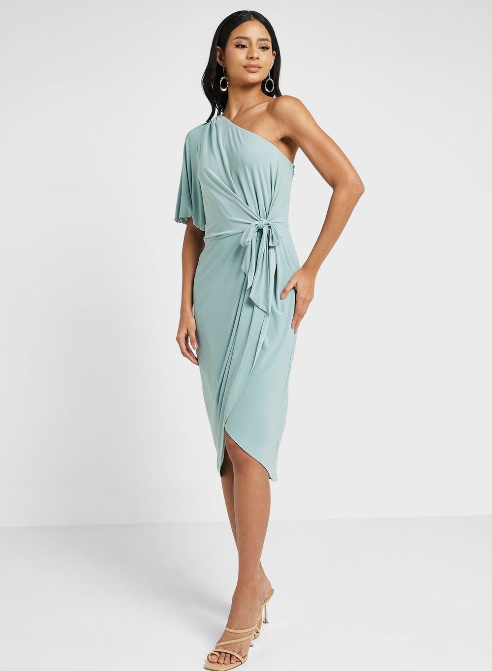 Mint One-Shoulder Tie Midi Dress - Image 1