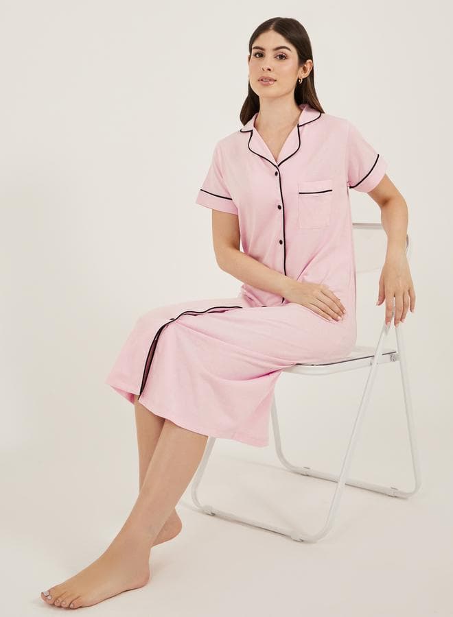 Styli Contrast Piping Buttoned Night Shirt with Pocket - Image 1