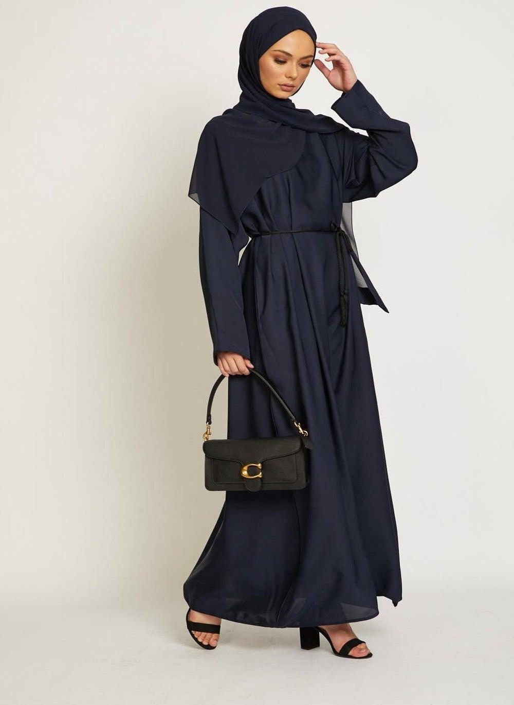 Elegant Navy Blue Plain Abaya with Belt and Hijab AB86 - Image 1