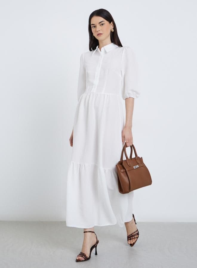 Take Two Elegant White A-Line Maxi Dress with 3/4 Sleeves - Image 1