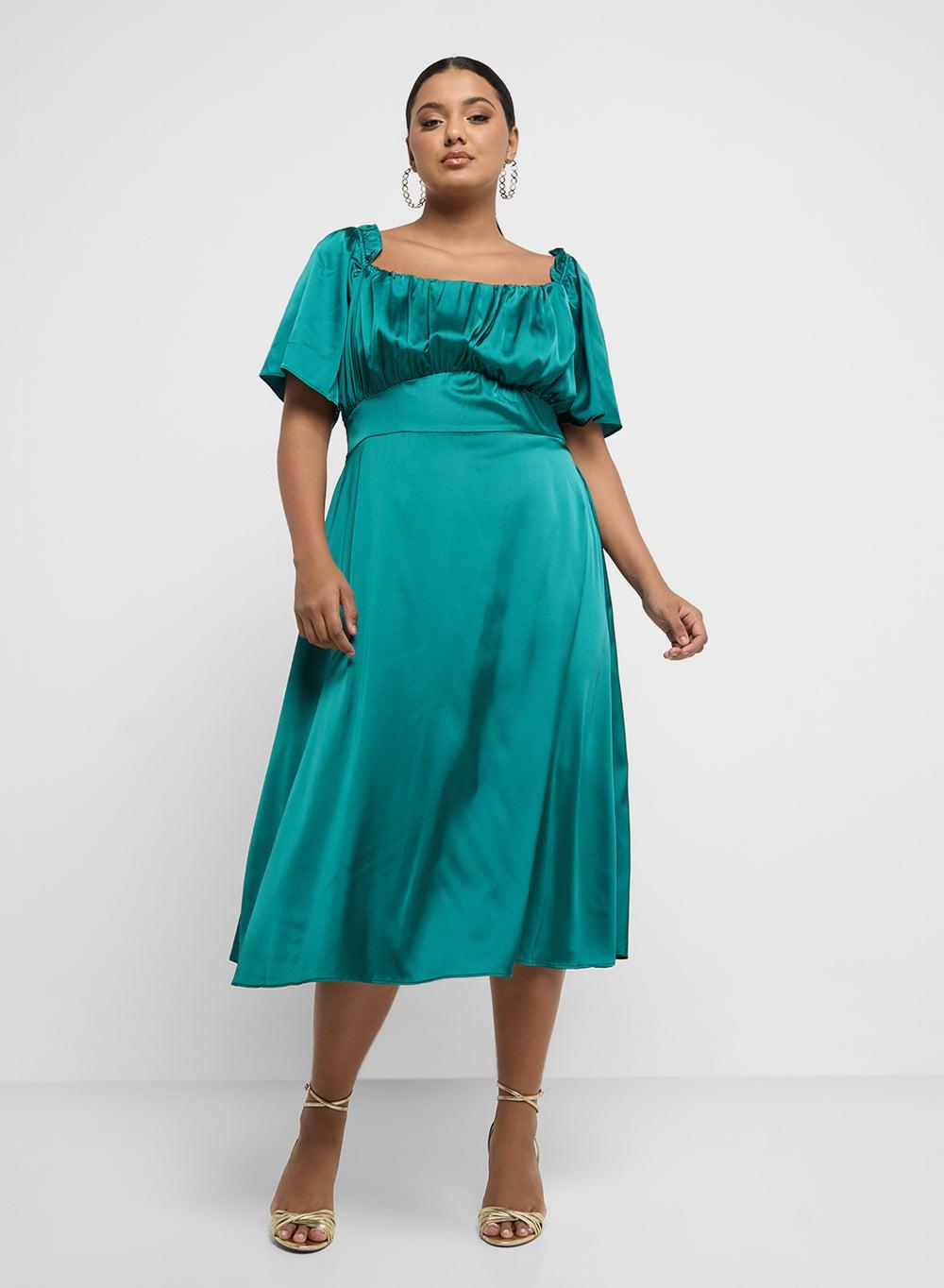 Teal Satin Empire Waist Midi Dress - Image 1