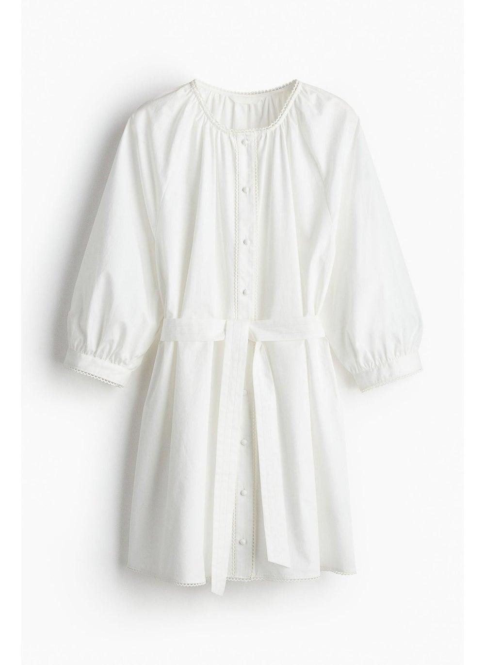 Picot-Trimmed Cotton Dress with Tie Belt - Image 1