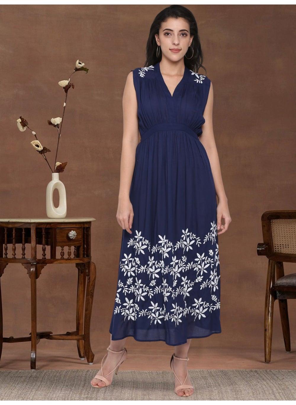 Navy Floral Embroidered Midi Dress - Image 1