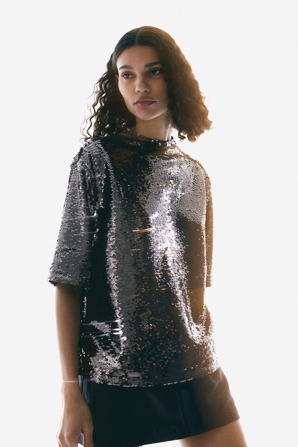 Sequined Mesh Crop Top with Keyhole Back - Image 1