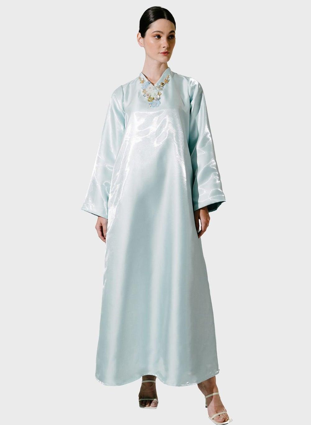 Embroidered Neck V-Neck Long Sleeve Dress - Image 1
