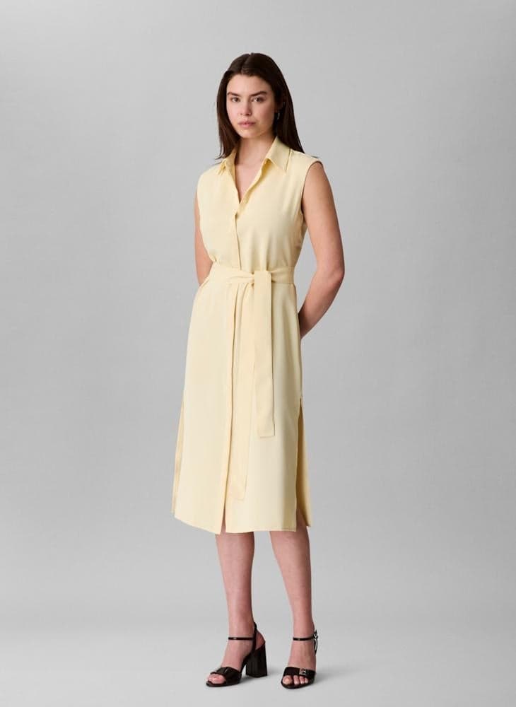 Tie Waist Side Slit Sleeveless Midi Shirt Dress - Image 1