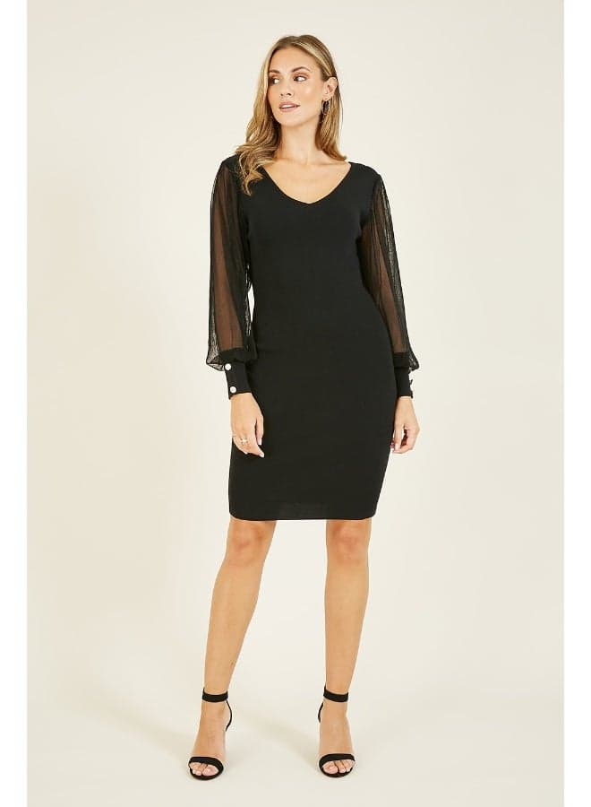 Sheer Sleeve Black Bodycon Midi Dress - Image 1