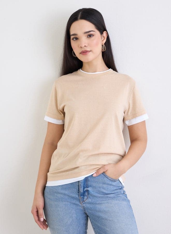 Styli Beige Cotton Ringer T-Shirt for Everyday Wear - Image 1