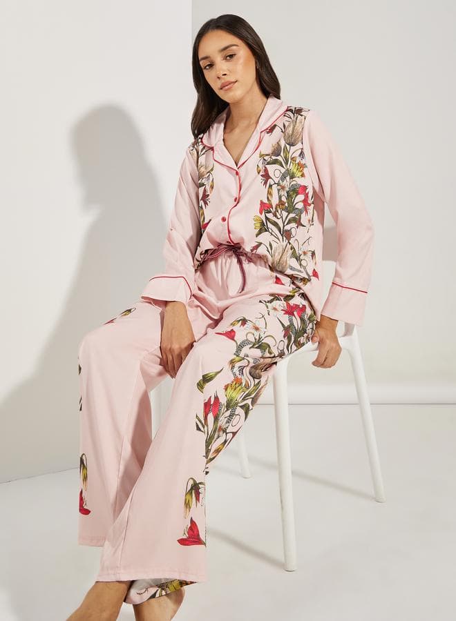 Satin Floral Print Piped Trim Shirt & Pyjama Set - Image 1