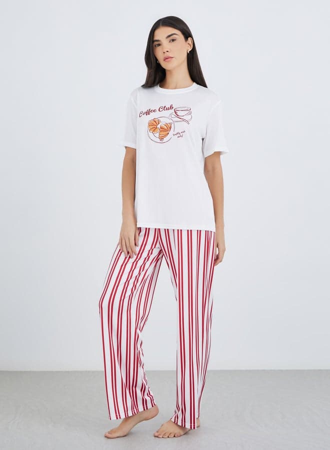 Graphic Print T-Shirt and Striped Pyjama Set - Image 1