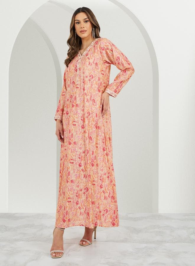 Styli Printed Embroidered V-Neck A-Line Jalabyia - Image 1
