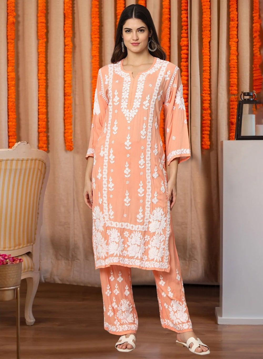 Women Hand Embroidered Chikankari Modal Kurta Set AL4049KS - Image 1