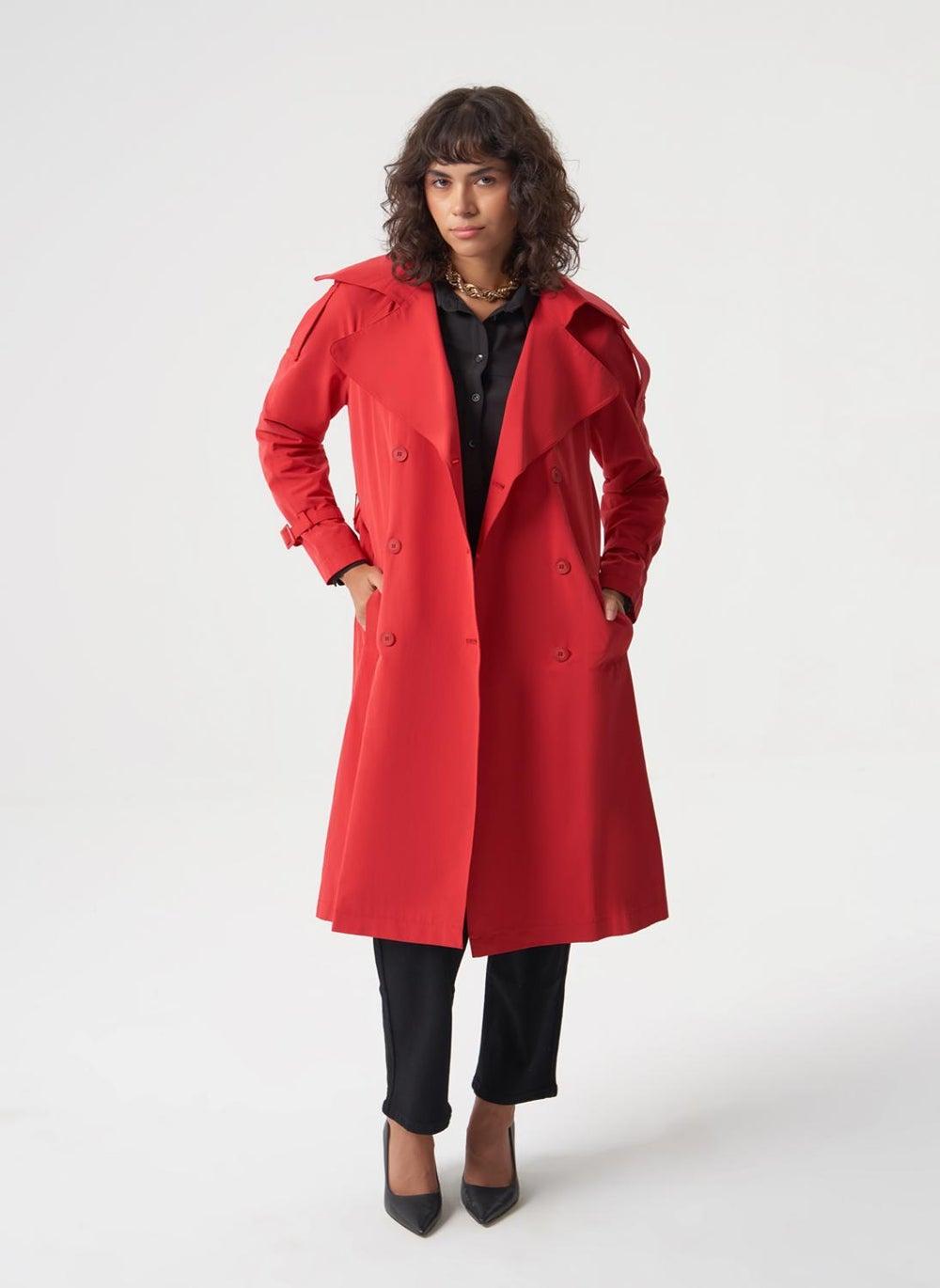 Red Belted Trench Coat for Modest Layering - Image 1