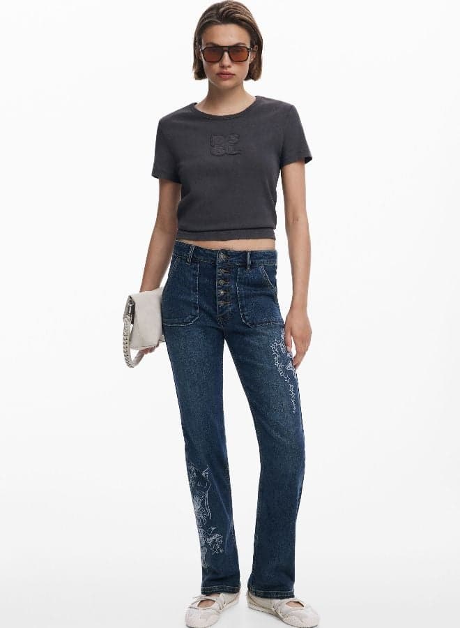 Embroidered Jeans with Square Pocket Detail - Image 1