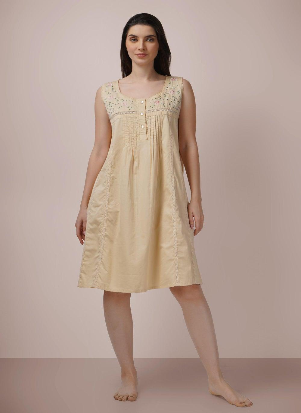 Waterlily Embroidered Cotton Short Nighty, Ramadan Spring Special - Image 1