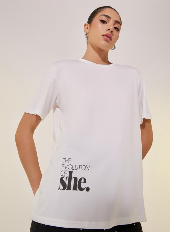 Slogan Print Round Neck T-Shirt for Women - Image 1
